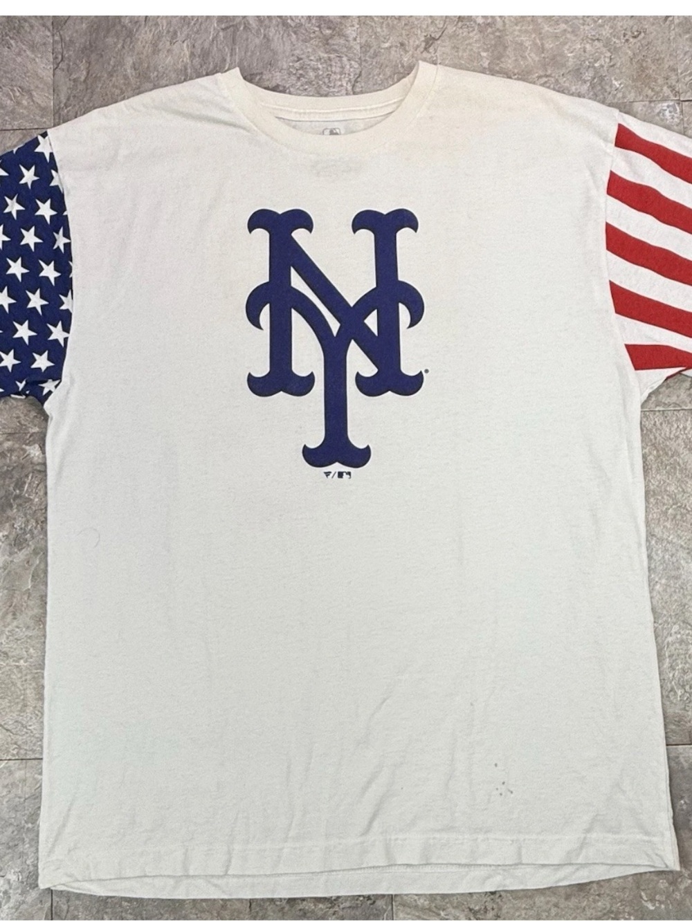 Fanatics White Tee with Navy NY Logo and American Flag Sleeves